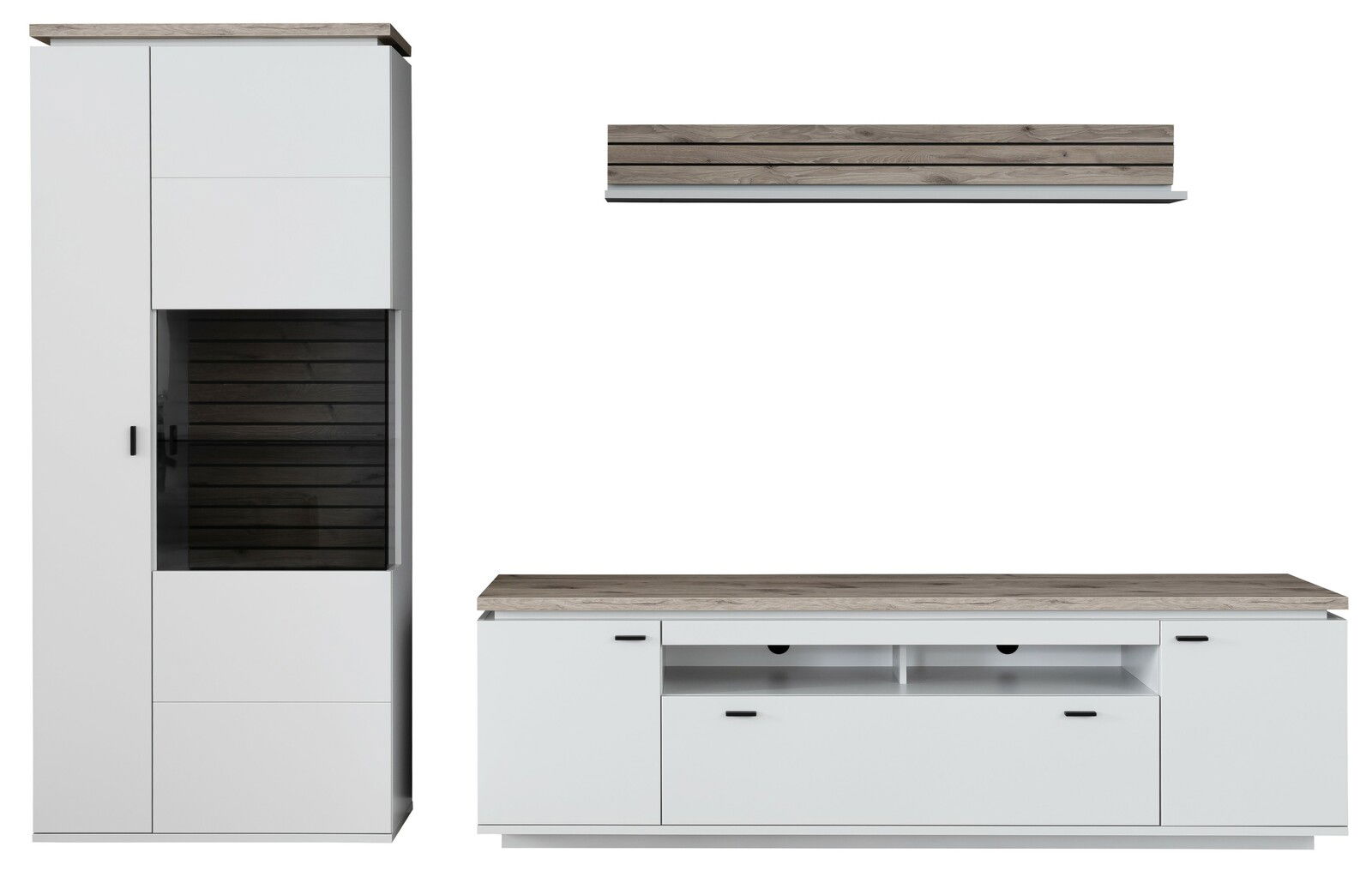 Stylife Wandkombination ESTEPONA Frontale Ansicht der Wandkombination Stylife ESTEPONA mit weißem Korpus und Holzdetails, bestehend aus einem hohen Schrank, einem TV-Board und einem Wandregal.