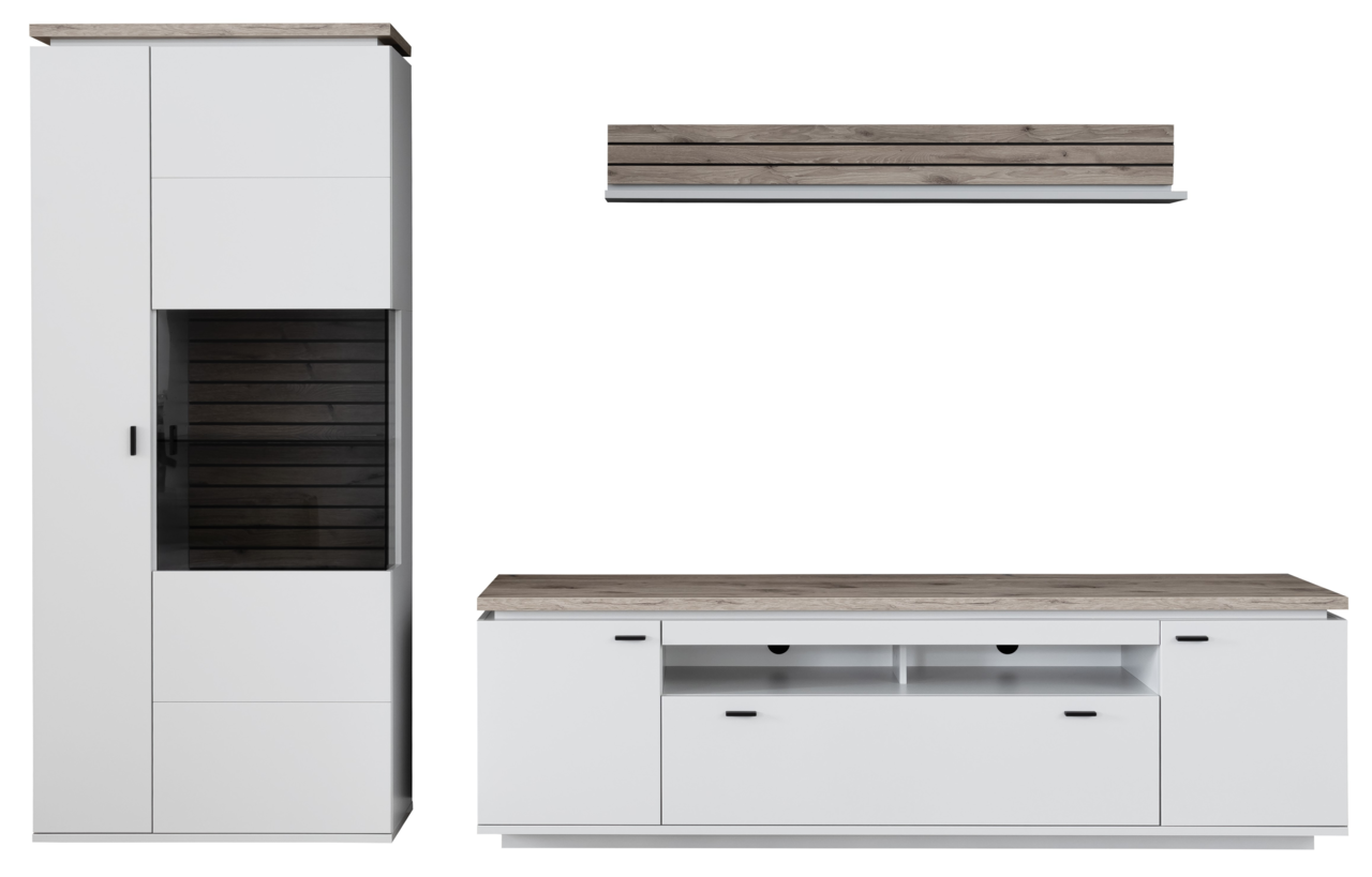 Frontale Ansicht der Wandkombination Stylife ESTEPONA mit weißem Korpus und Holzdetails, bestehend aus einem hohen Schrank, einem TV-Board und einem Wandregal.