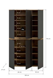 Hoher Mehrtürenschrank in Holzoptik mit dunkelgrauen Türen, geöffnet in Frontalansicht; Innenfächer mit Maßangaben, Gesamtmaße ca. 175 cm hoch, 105 cm breit und 37 cm tief.