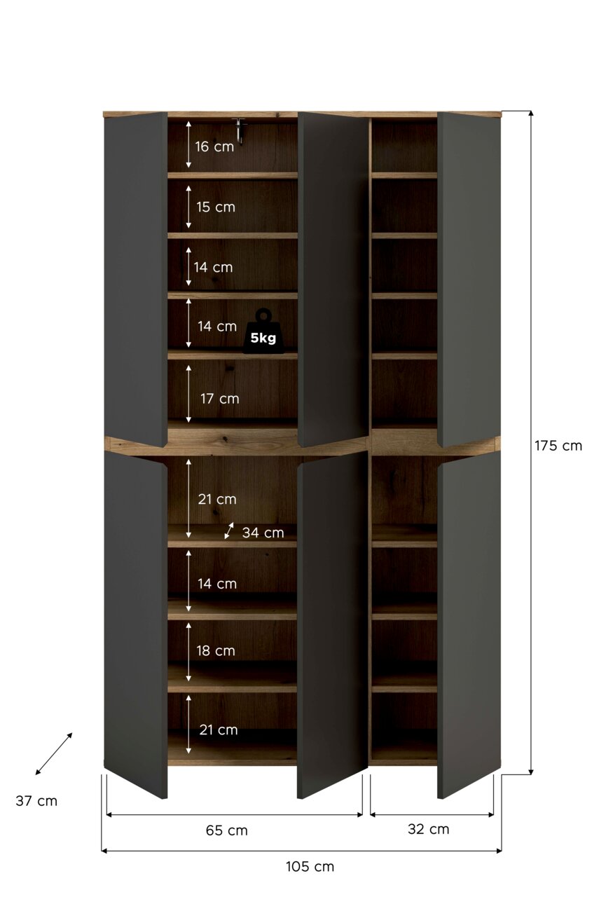 Hoher Mehrtürenschrank in Holzoptik mit dunkelgrauen Türen, geöffnet in Frontalansicht; Innenfächer mit Maßangaben, Gesamtmaße ca. 175 cm hoch, 105 cm breit und 37 cm tief.