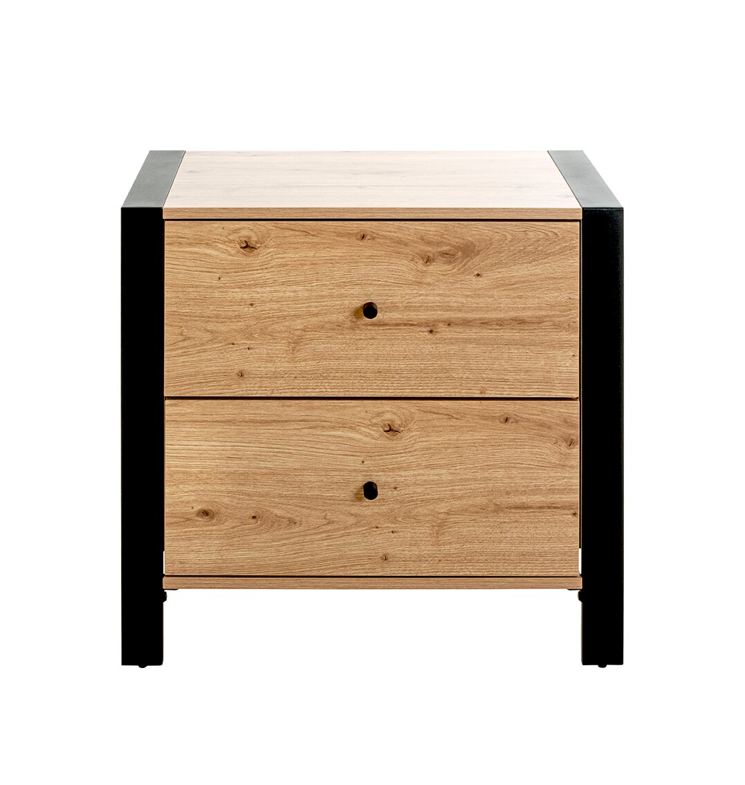 Nachttisch/Kommode mit zwei Schubladen aus hellem Holz und schwarzem Rahmen, frontale Ansicht.