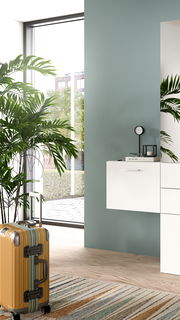 Moderner Eingangsbereich mit einem weißen Garderobenschrank, einer dekorativen Pflanze und einem gelben Koffer im Vordergrund. Perspektive von der Seite.