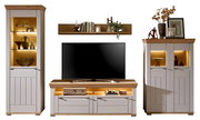 Moderne Wandkombination mit TV-Schrank, Vitrine und Regal in Holzoptik, frontal betrachtet.