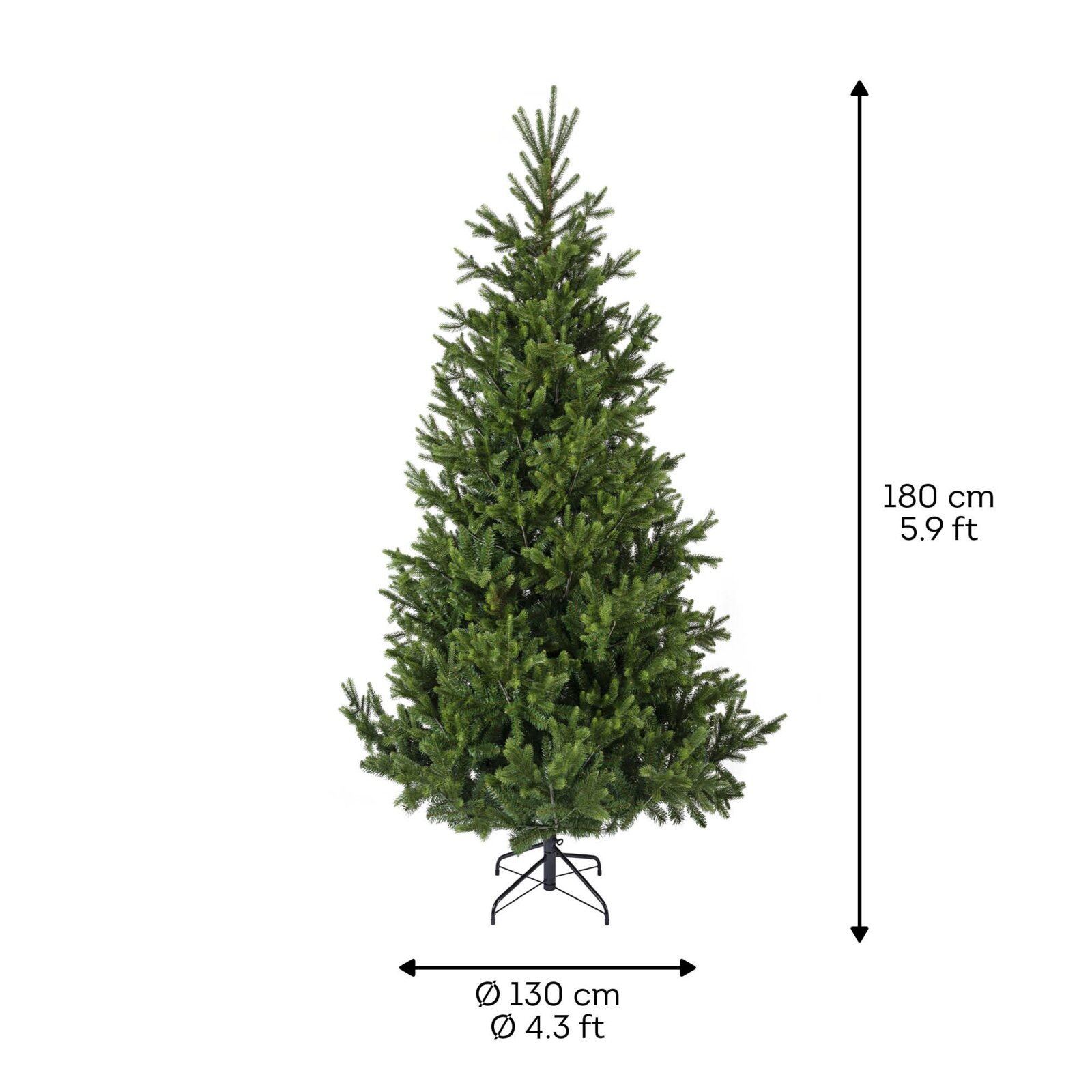 Grüner künstlicher Weihnachtsbaum mit dichtem Nadelkleid und schwarzem Metallständer, in Frontalansicht freigestellt; 180 cm hoch und Ø 130 cm breit
