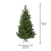 Grüner künstlicher Weihnachtsbaum mit dichtem Nadelkleid und schwarzem Metallständer, in Frontalansicht freigestellt; 180 cm hoch und Ø 130 cm breit