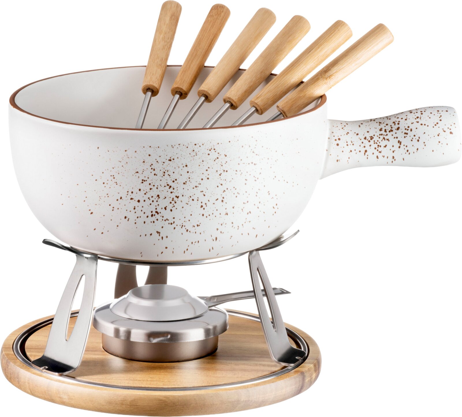 Keramik-Fondue-Set in Weiß mit braunen Sprenkeln, Holzgriffen und Metallständer auf Holzplatte, freigestellt in Frontansicht leicht von oben