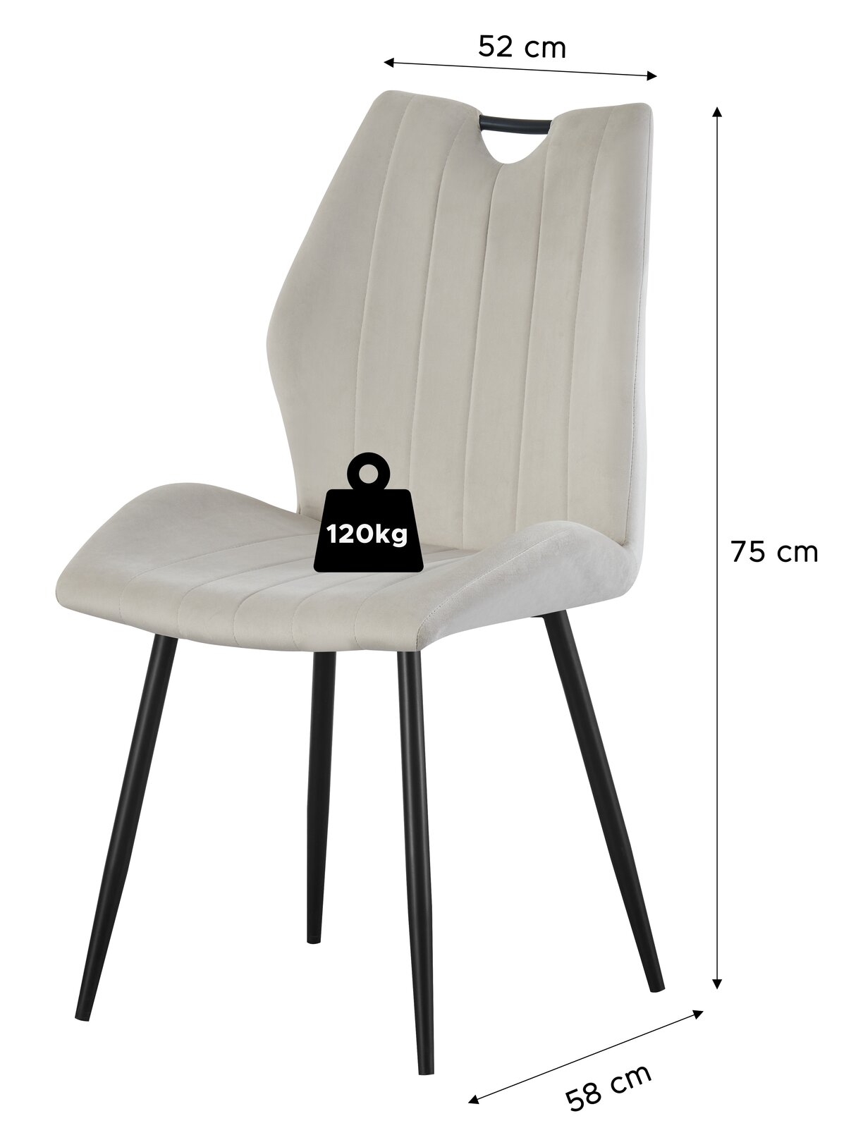Gepolsterter Esszimmerstuhl in Hellgrau mit vertikaler Steppung, schwarzem Metallgestell und Armlehnen, belastbar bis 120 kg; Maße ca. 52 cm Breite, 58 cm Tiefe, 75 cm Höhe, in schräger Vorderansicht.