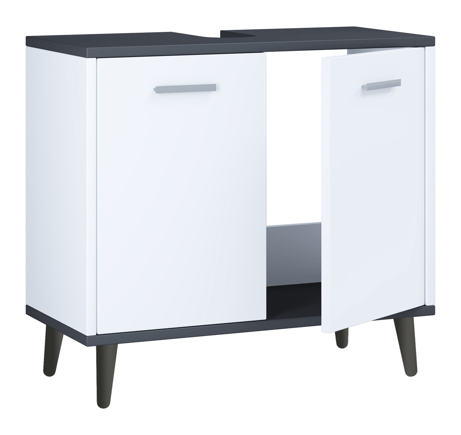 Weißer Badezimmerschrank/Waschtischunterschrank mit schwarzer Abdeckplatte, zwei Türen mit silbernen Griffen und schrägen schwarzen Füßen, in leichter Frontansicht (3/4-Perspektive) freigestellt auf weißem Hintergrund