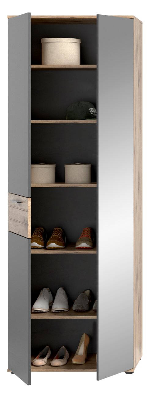 Garderobenschrank mit geöffneter Tür, zeigt mehrere Regalböden mit Schuhen und Aufbewahrungsboxen, Perspektive von vorne