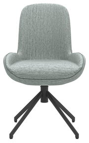 Moderner grauer Stuhl mit gepolsterter Sitzfläche und Rückenlehne, schwarzes Metallgestell, Frontalansicht