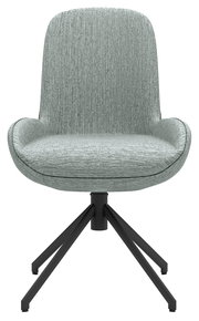 Moderner grauer Stuhl mit gepolsterter Sitzfläche und Rückenlehne, schwarzes Metallgestell, Frontalansicht