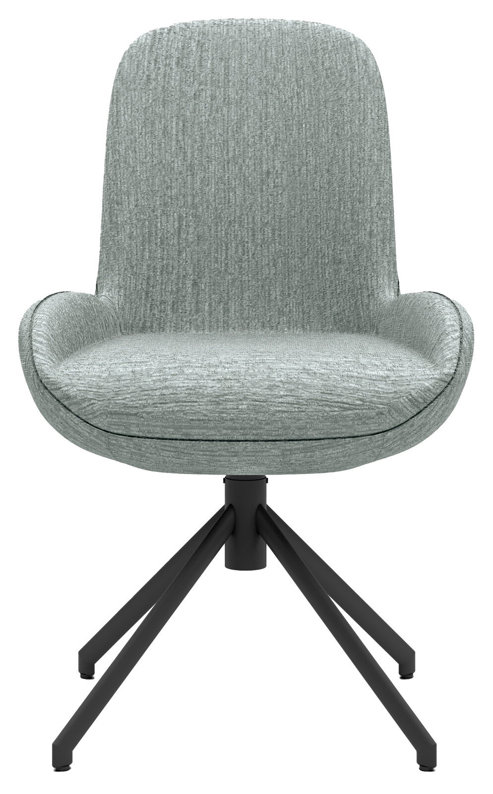 Moderner grauer Stuhl mit gepolsterter Sitzfläche und Rückenlehne, schwarzes Metallgestell, Frontalansicht