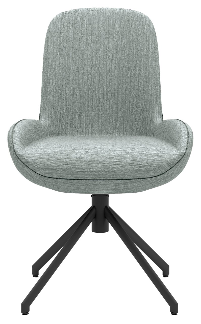 Moderner grauer Stuhl mit gepolsterter Sitzfläche und Rückenlehne, schwarzes Metallgestell, Frontalansicht