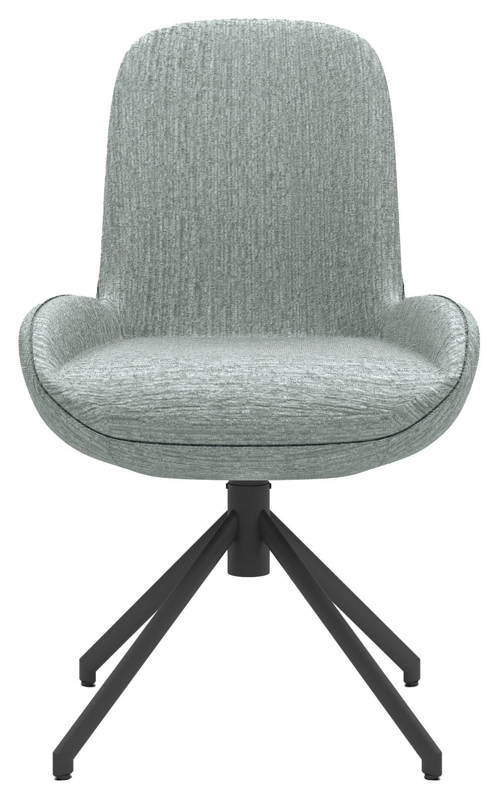 Moderner grauer Stuhl mit gepolsterter Sitzfläche und Rückenlehne, schwarzes Metallgestell, Frontalansicht