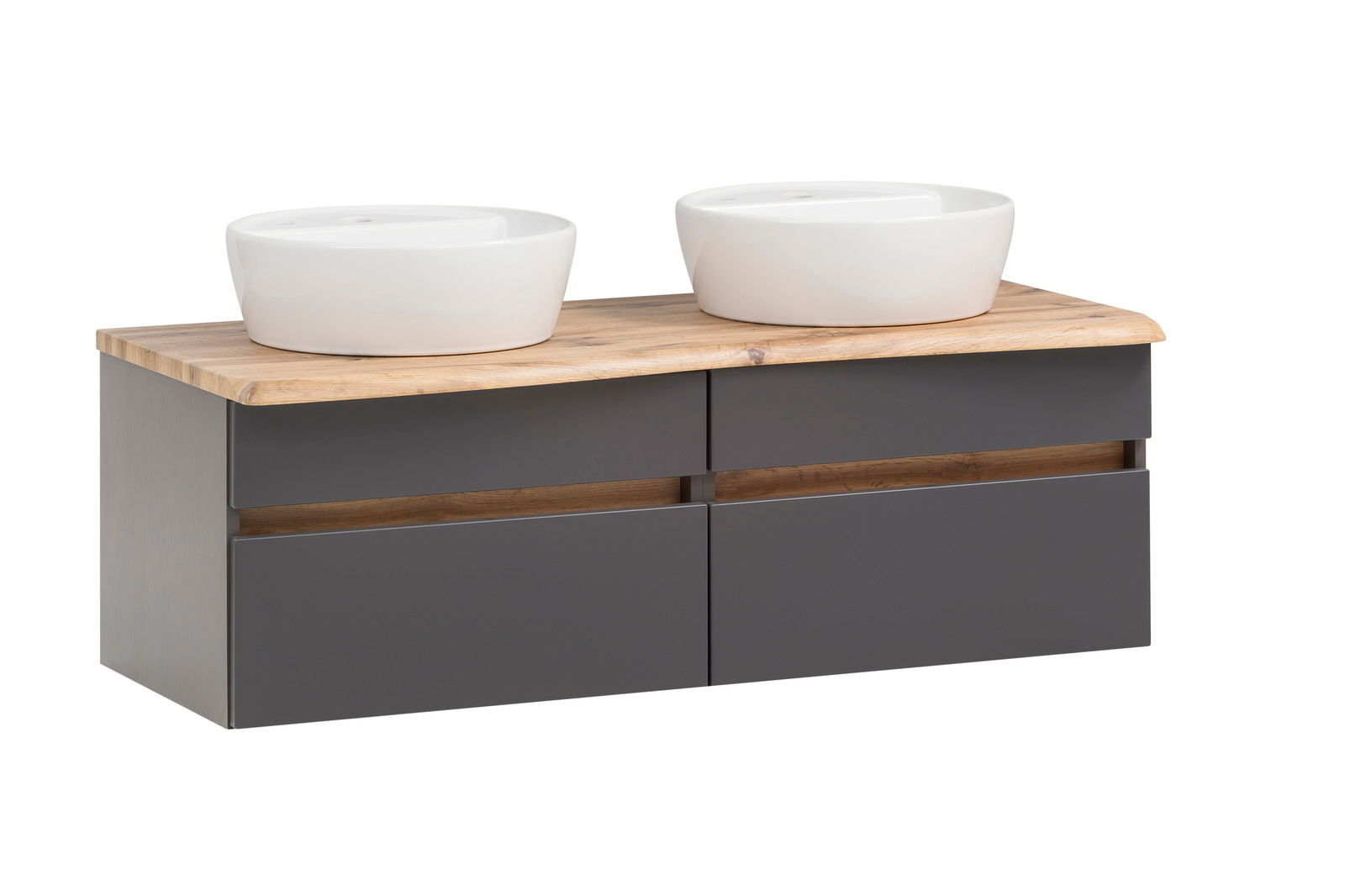 XORA Wastafelset VILLACH Modernes Waschtisch-Set mit zwei weißen Aufsatzwaschbecken auf einer Holzplatte, graue Schubladenfronten, seitliche Perspektive