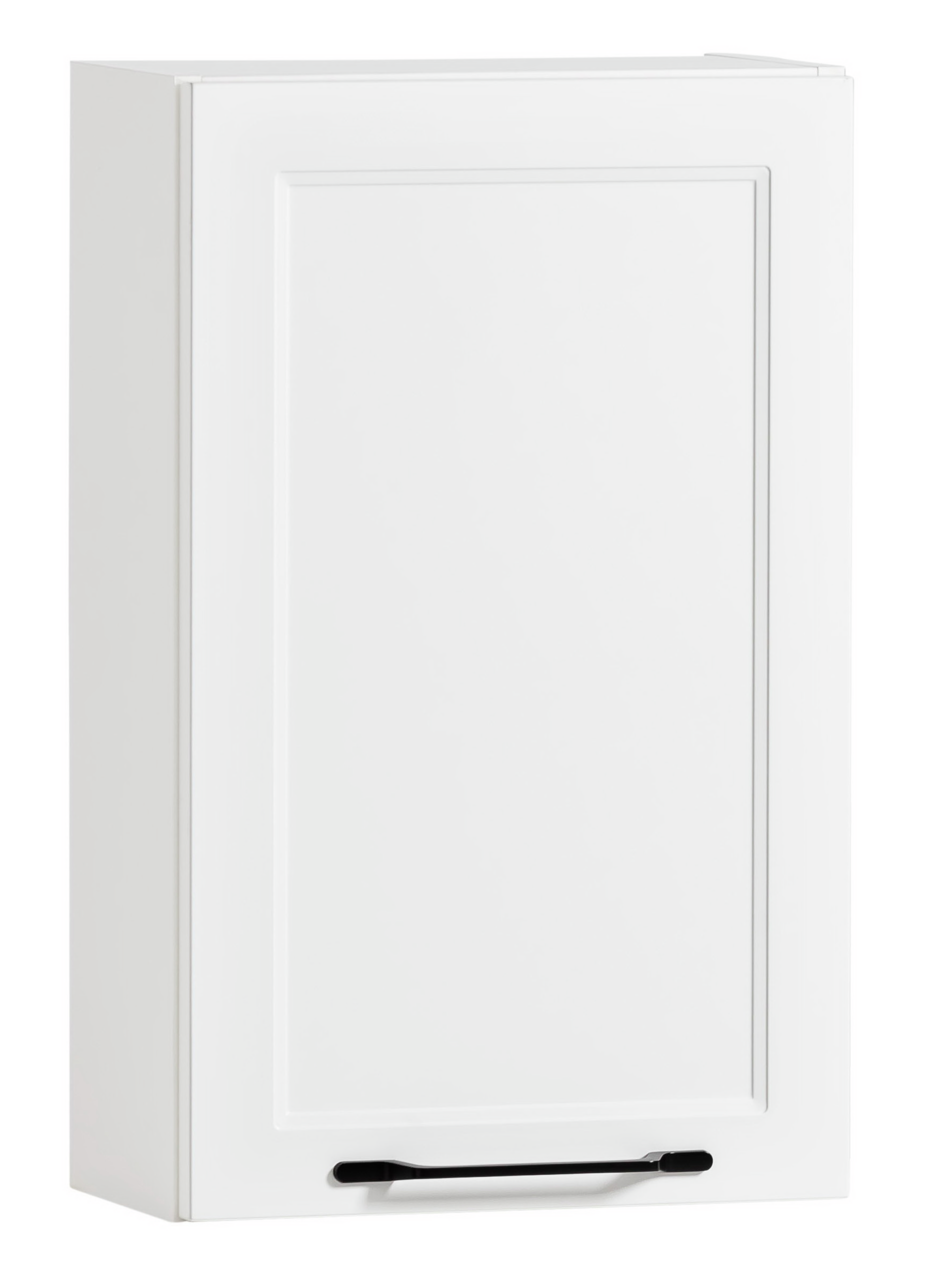 Weißer Hängeschrank mit schwarzem Griff, seitliche Perspektive