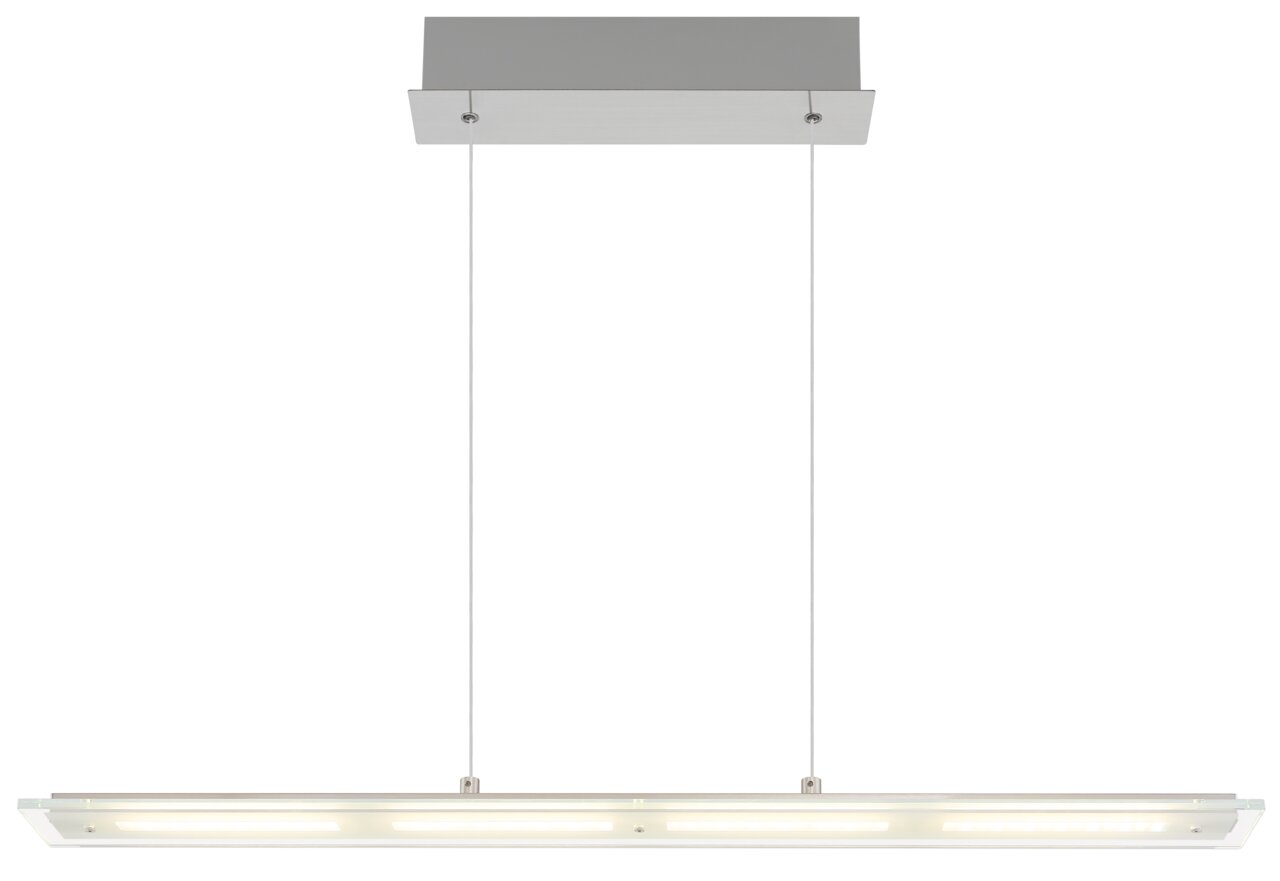 Moderne LED-Hängeleuchte in rechteckiger Form, von vorne betrachtet, mit zwei dünnen Kabeln und einem silbernen Deckenbaldachin.