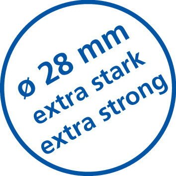 Nahaufnahme eines blauen Kreises mit der Aufschrift 'Ø 28 mm extra stark extra strong', Hinweis auf die Stärke und Durchmesser der Teleskop Duschstange.