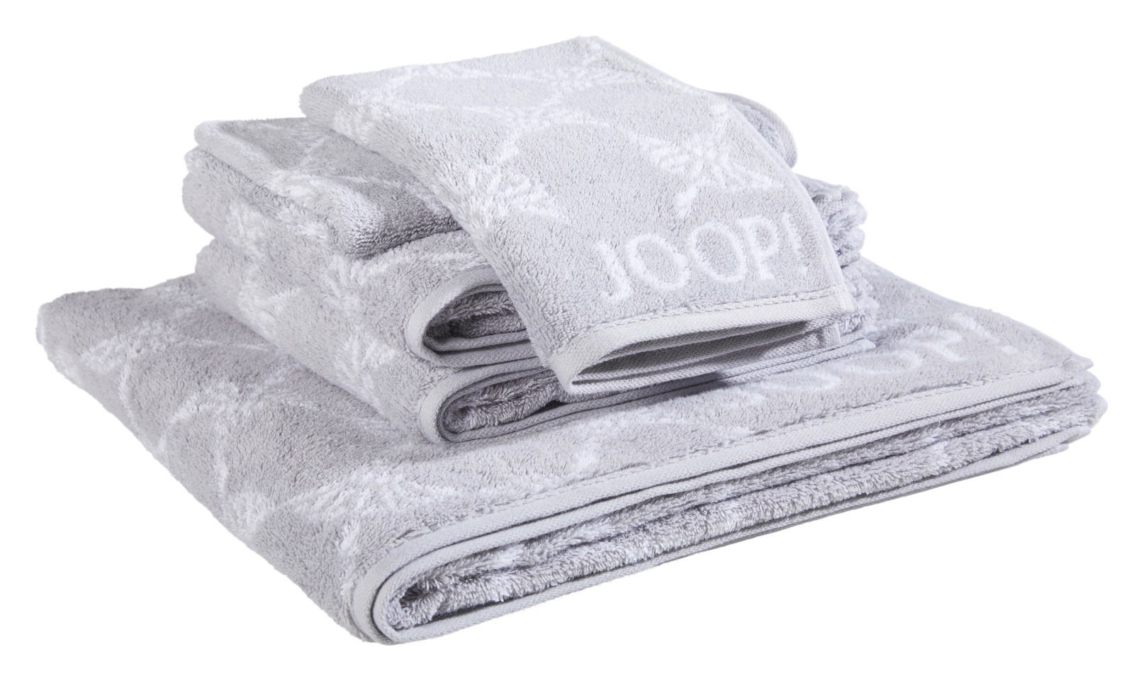 JOOP! Frottierset 5-teilig CORNFLOWER Stapel von grauen Frottierhandtüchern mit eingewebtem Muster und Markenlogo, seitliche Perspektive