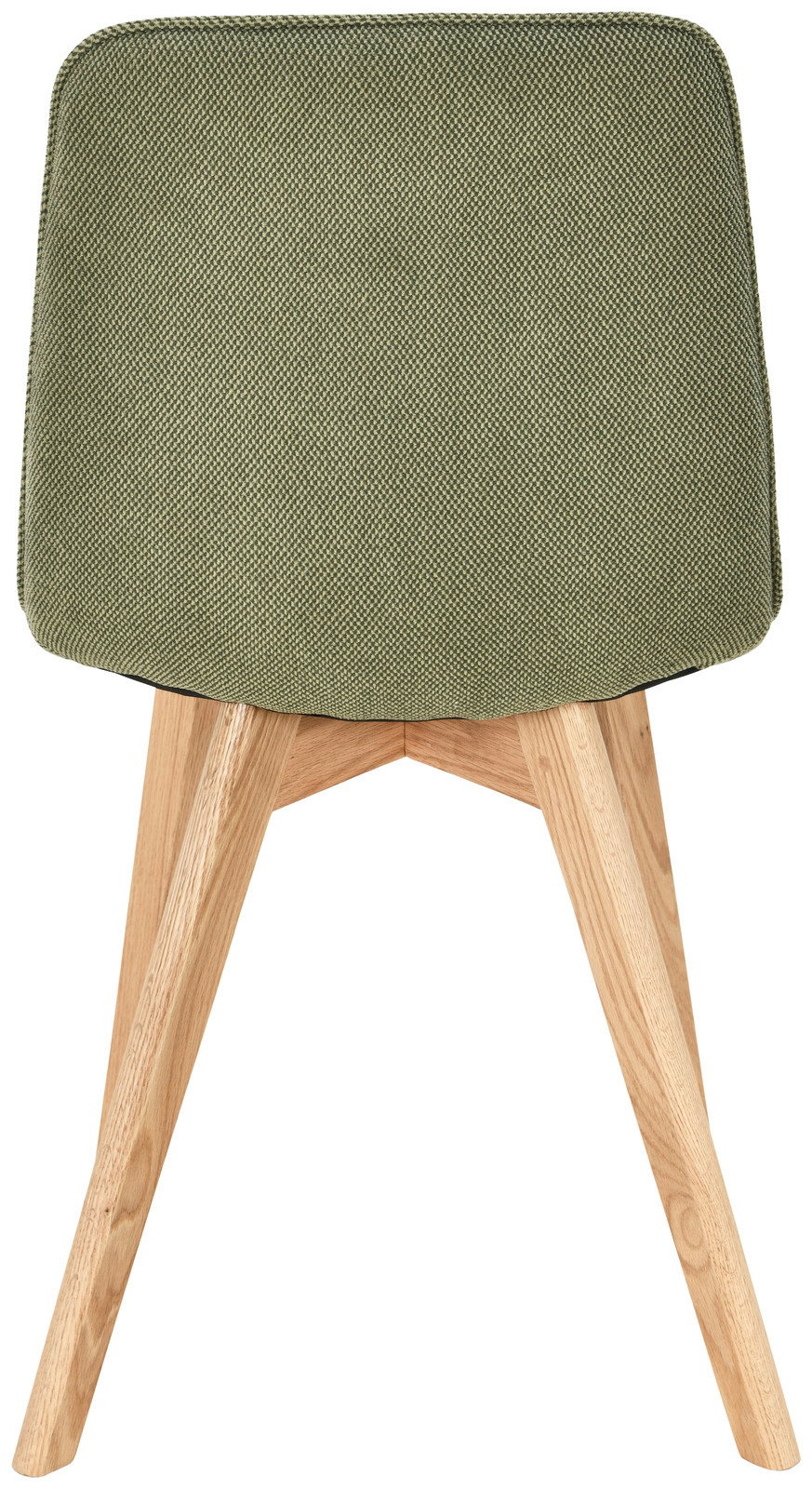 Rückansicht eines Stuhls mit grünem Stoffbezug und Holzbeinen