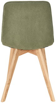 Rückansicht eines Stuhls mit grünem Stoffbezug und Holzbeinen