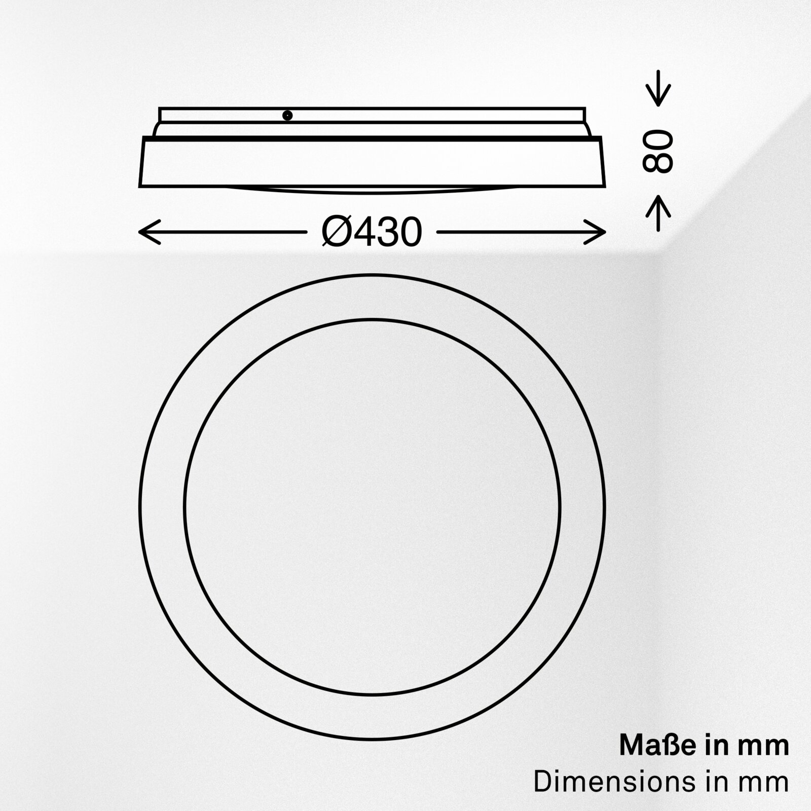 Technische maattekening van een ronde plafondlamp in zij- en onderaanzicht, met een diameter van 430 mm en een hoogte van 80 mm.