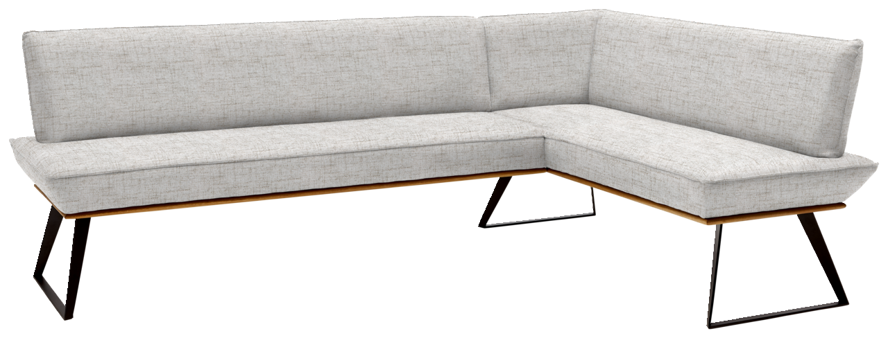 Eckbank in L-Form mit hellgrauem Stoffbezug und schwarzen Metallbeinen, Perspektive von vorne links