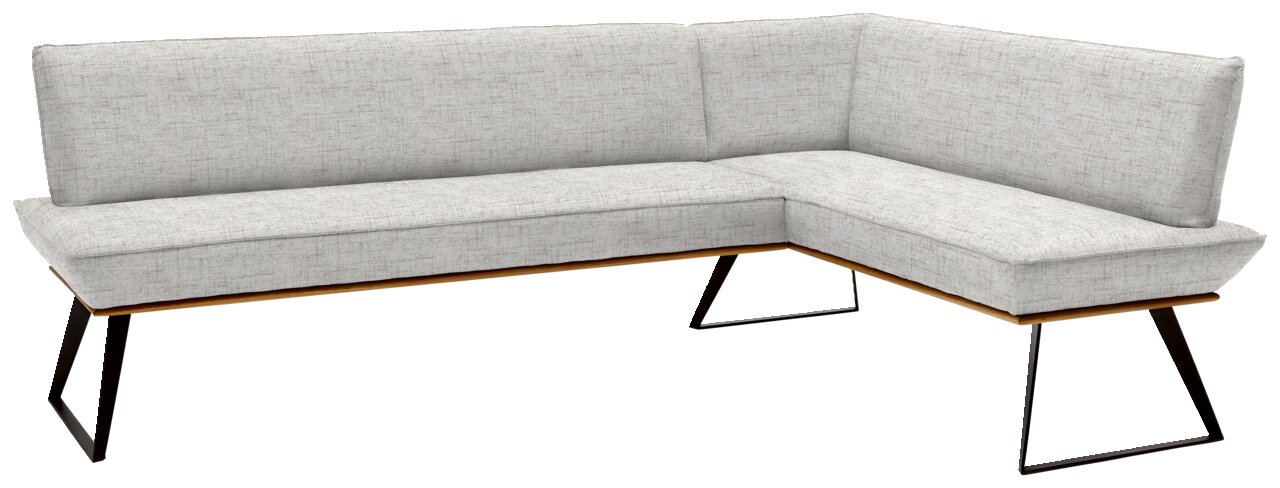 Eckbank in L-Form mit hellgrauem Stoffbezug und schwarzen Metallbeinen, Perspektive von vorne links