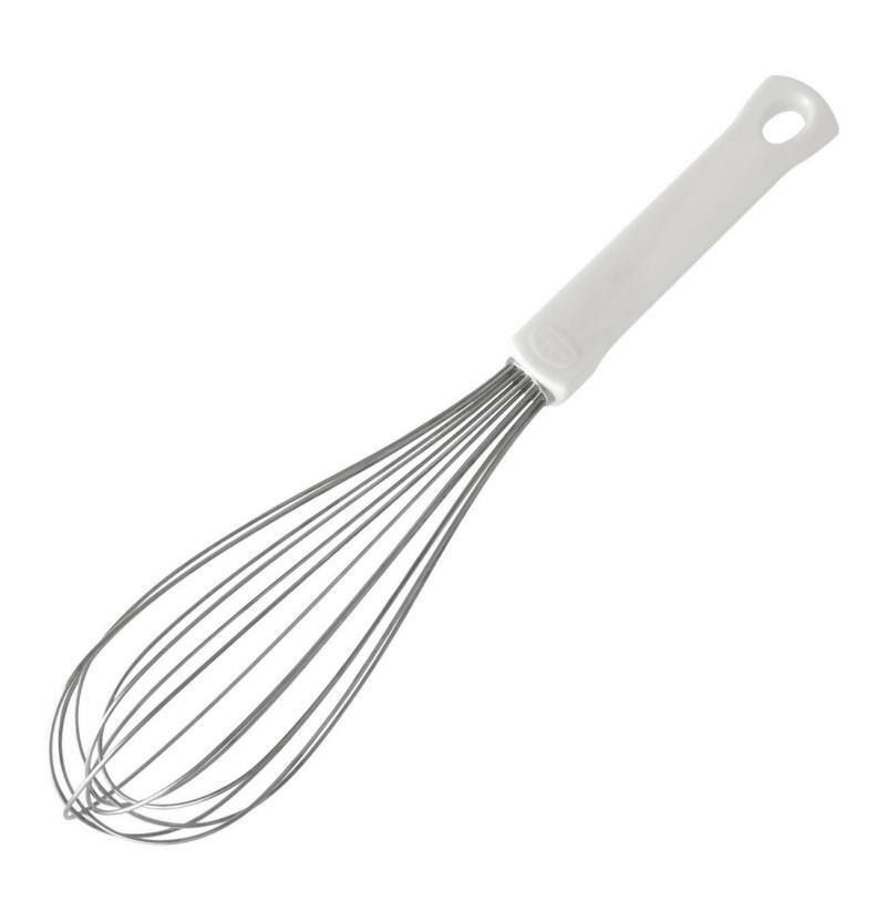 Schneebesen 25cm Classic aus Edelstahl mit weißem Griff, seitliche Perspektive