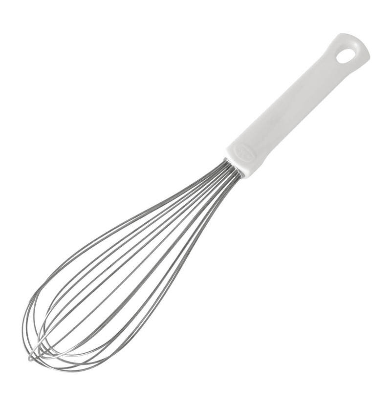 Schneebesen 25cm Classic aus Edelstahl mit weißem Griff, seitliche Perspektive