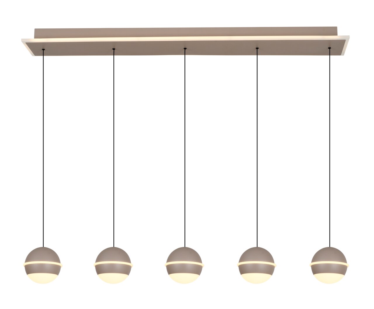 Moderne LED-hanglamp met vijf bolvormige lampen, hangend aan dunne kabels, gezien van voren.