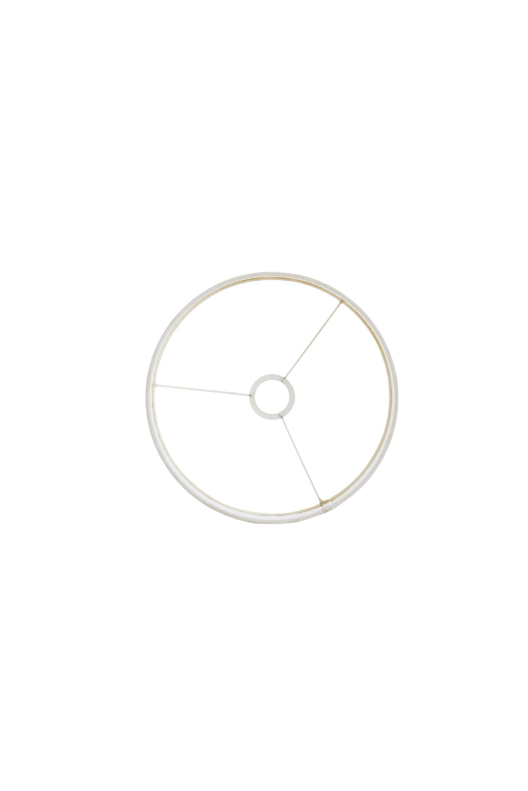 Bovenaanzicht van een rond lampenkapframe met drie bevestigingsstangen.