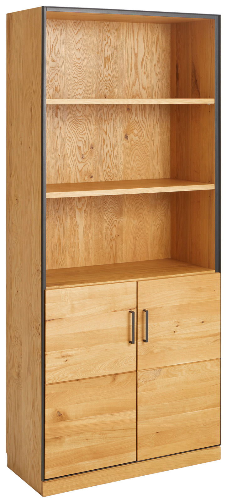 Regalschrank aus Holz mit zwei Türen und zwei offenen Regalböden, Perspektive von vorne