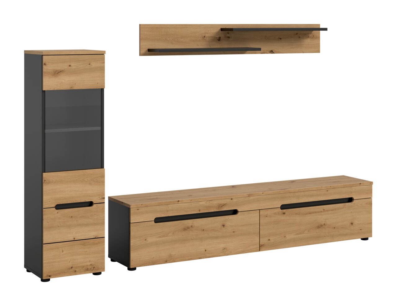 MID.YOU Wohnkombination CANU Modernes Wohnzimmermöbel-Set aus Holzoptik und Anthrazit mit hohem Schrank, niedrigem TV-Lowboard und Wandboard, gezeigt in Frontansicht mit leichter Perspektive von schräg vorn.