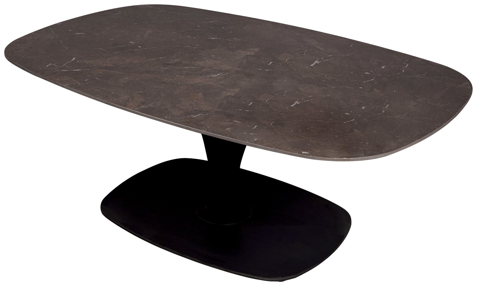 Moderner Couchtisch mit dunkler, rechteckiger Tischplatte und abgerundeten Ecken, seitliche Perspektive