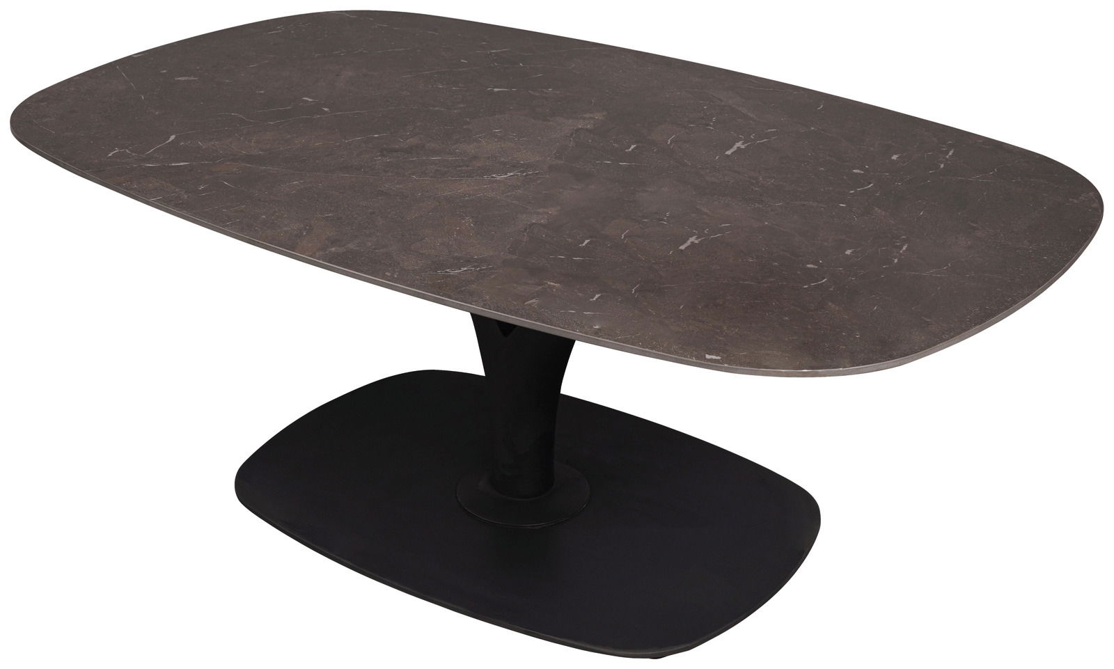 Moderner Couchtisch mit dunkler, rechteckiger Tischplatte und abgerundeten Ecken, seitliche Perspektive