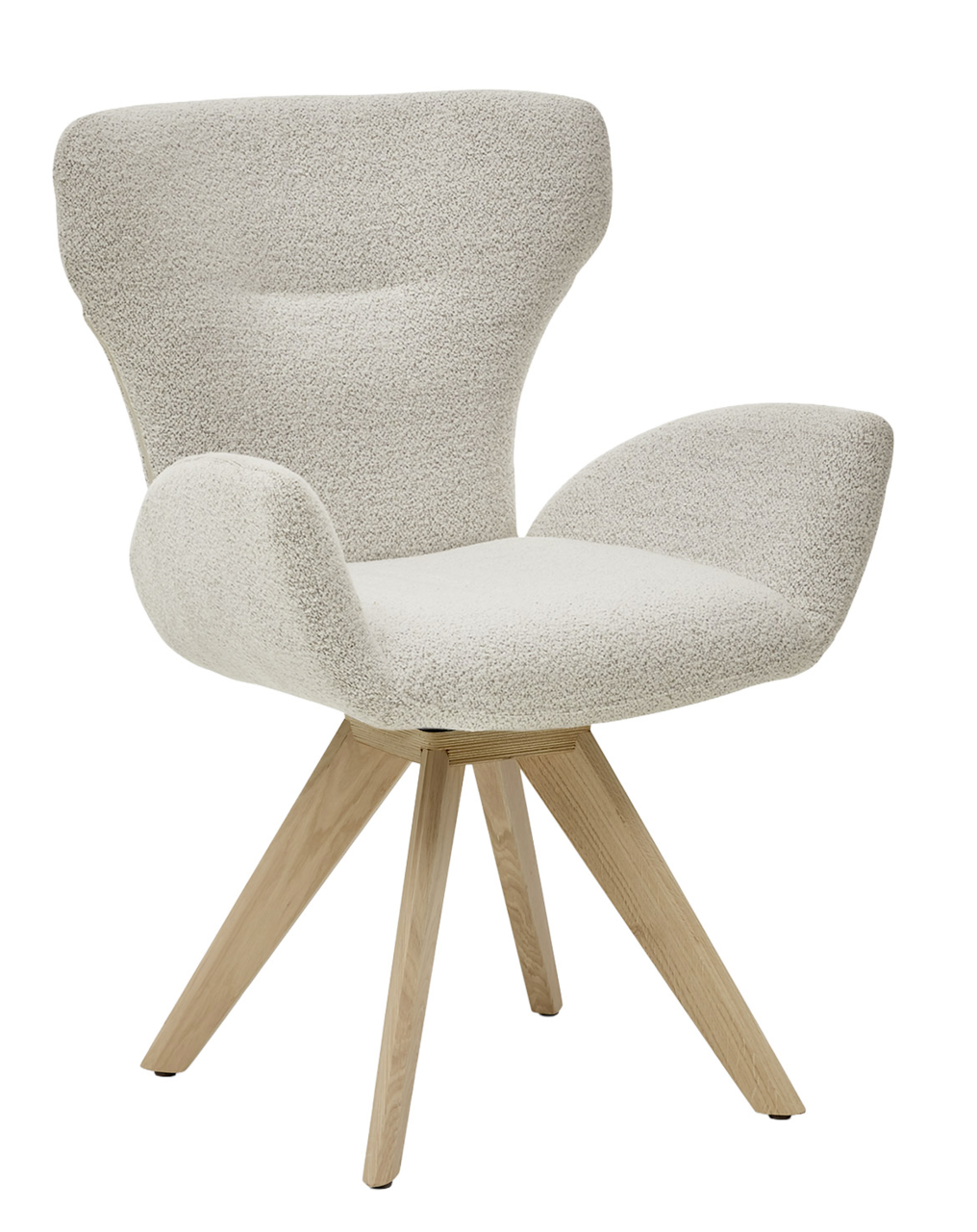 Moderner Armlehnstuhl mit hellem Stoffbezug und Holzbeinen, seitliche Perspektive