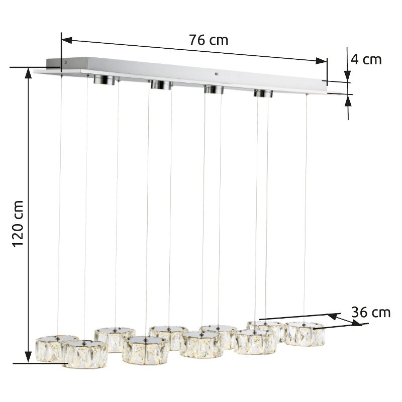 Moderne Hängeleuchte mit mehreren Kristallleuchten, seitliche Perspektive, Maße: 76 cm x 4 cm x 120 cm