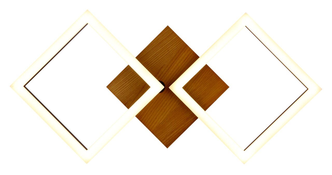 Moderne Deckenleuchte mit zwei leuchtenden Quadraten und Holzoptik, Ansicht von unten