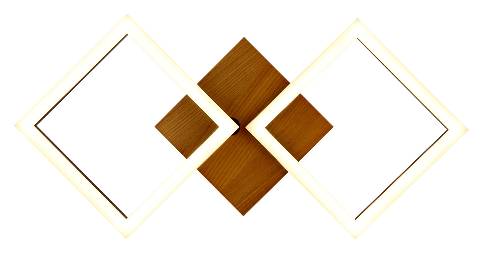 Moderne Deckenleuchte mit zwei leuchtenden Quadraten und Holzoptik, Ansicht von unten