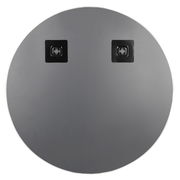 Rückansicht eines runden Spiegels mit einem Durchmesser von ca. 50 cm, zwei Befestigungspunkte sichtbar.