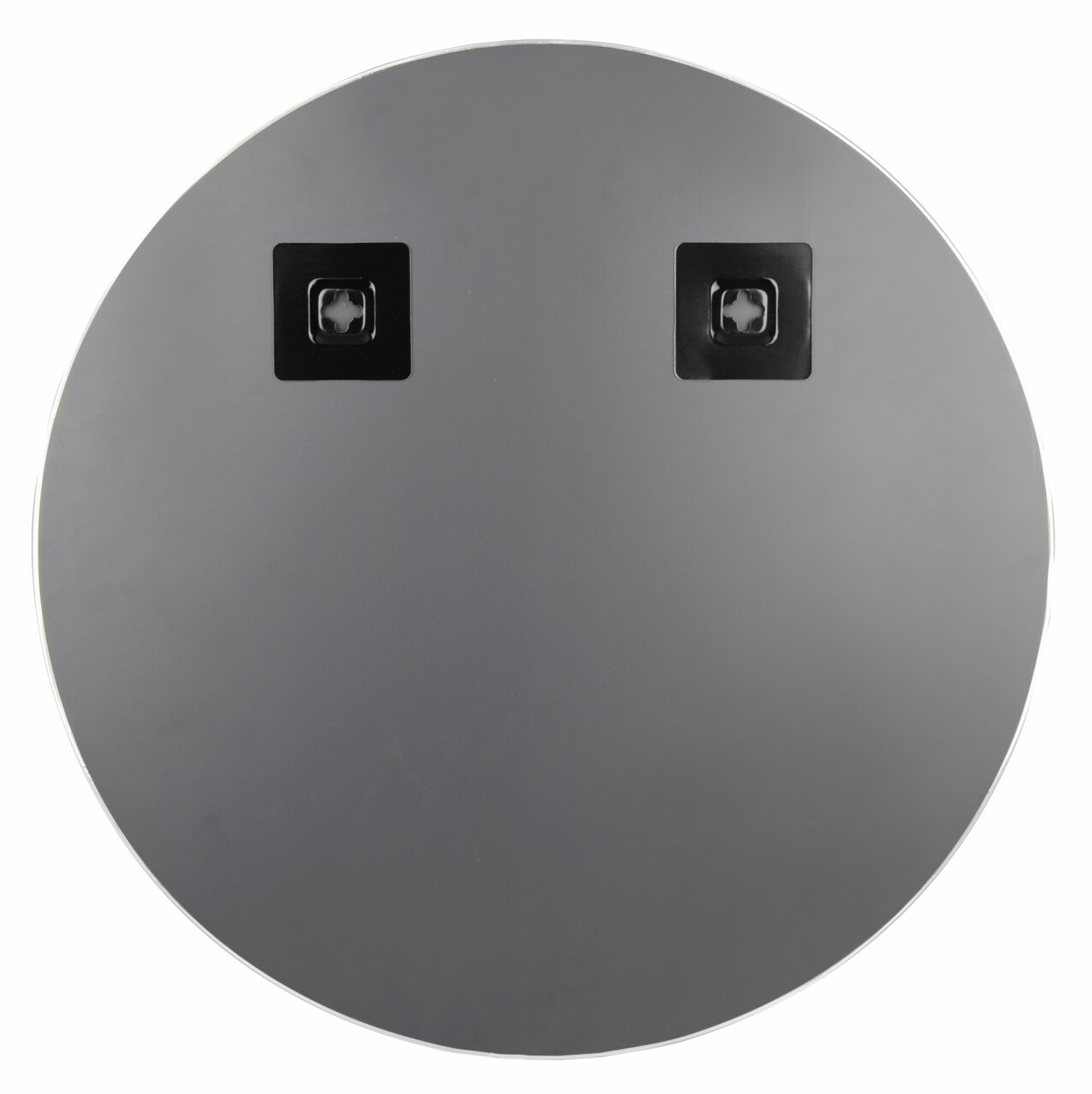 Rückansicht eines runden Spiegels mit einem Durchmesser von ca. 50 cm, zwei Befestigungspunkte sichtbar.