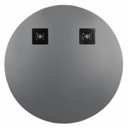 Rückansicht eines runden Spiegels mit einem Durchmesser von ca. 50 cm, zwei Befestigungspunkte sichtbar.