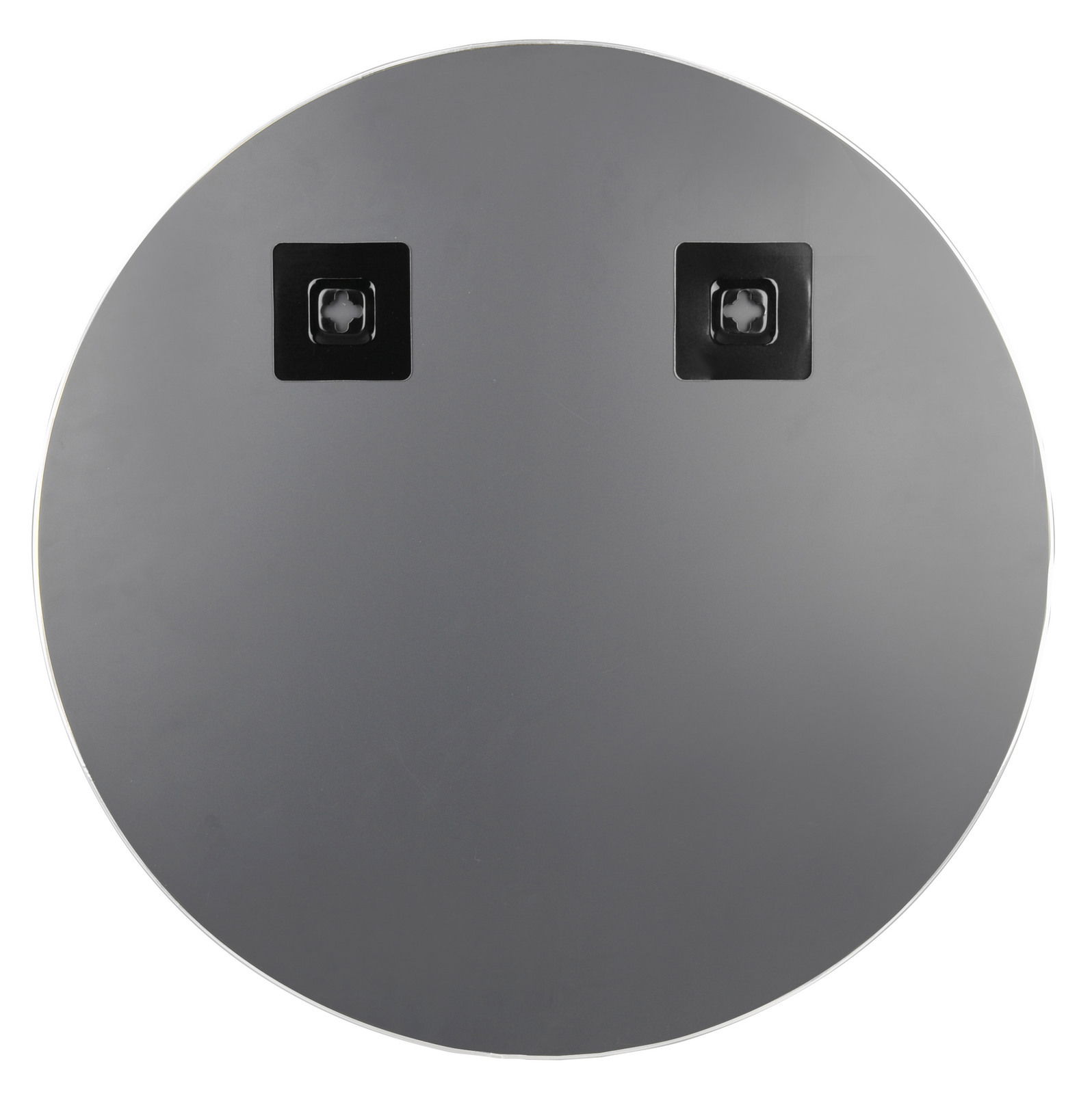 Rückansicht eines runden Spiegels mit einem Durchmesser von ca. 50 cm, zwei Befestigungspunkte sichtbar.