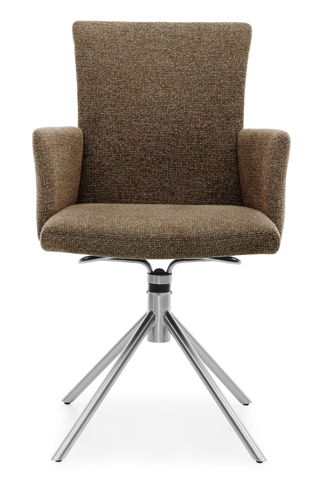 Moderner brauner Stuhl mit Armlehnen und Metallgestell, Frontalansicht