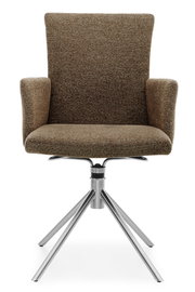 Moderner brauner Stuhl mit Armlehnen und Metallgestell, Frontalansicht