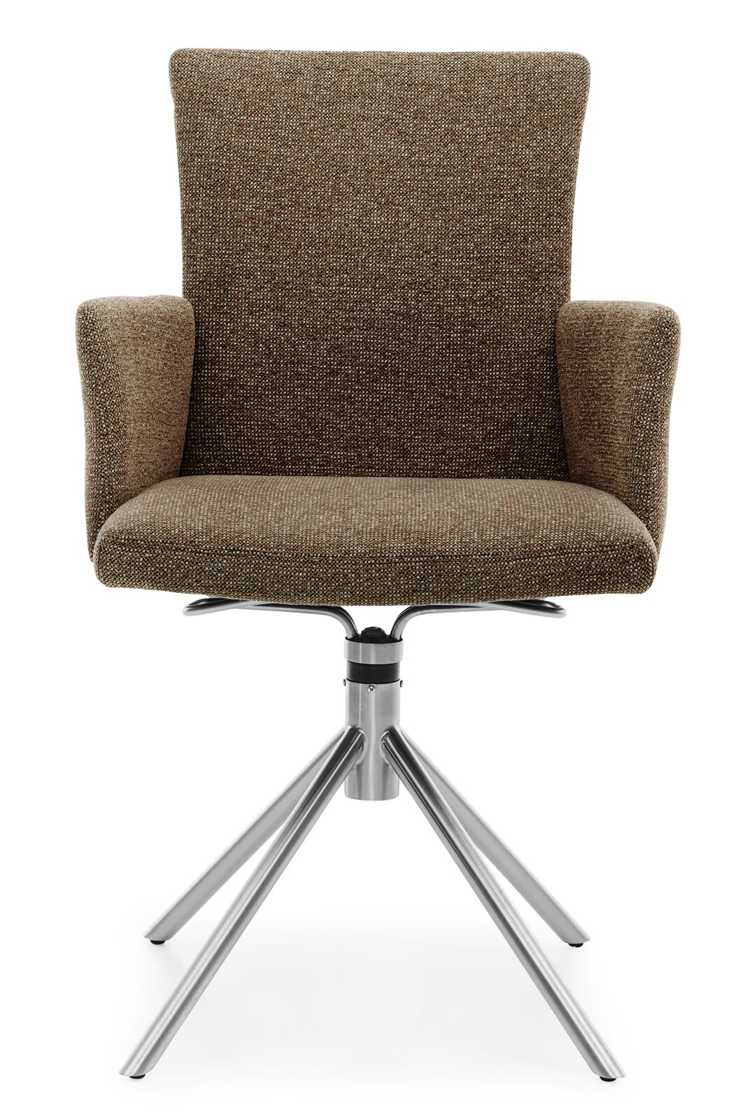 Moderner brauner Stuhl mit Armlehnen und Metallgestell, Frontalansicht