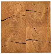 Draufsicht auf eine quadratische Holzoberfläche aus vier Hirnholz-Blöcken mit sichtbaren Jahresringen und natürlichen Rissen in warmem Braunton.