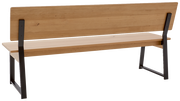 Rückansicht einer modernen Holzbank mit Metallbeinen, schlichtes Design