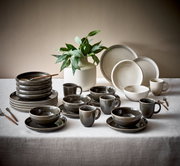 Kombiservice 20-tlg. CANJU Moonbeamblomus, bestehend aus Tellern, Tassen und Schalen in neutralen Tönen, auf einem Tisch mit einer Pflanze im Hintergrund, aus seitlicher Perspektive fotografiert.